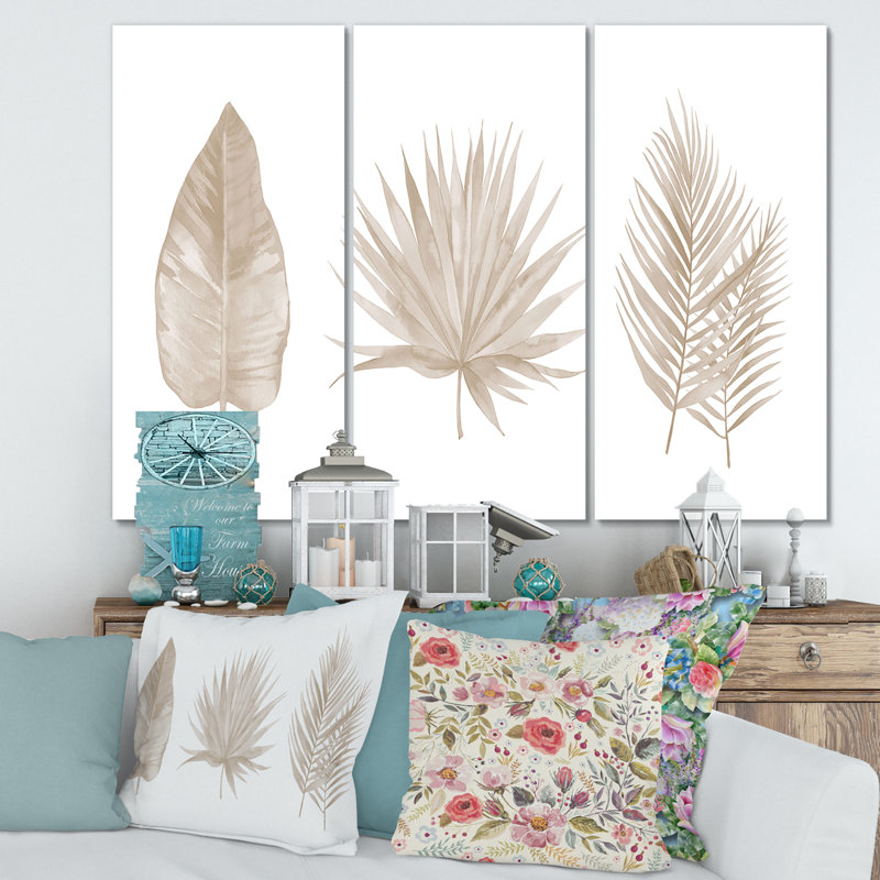 «Tropical Beiges Leaves», peinture sur toile tendue 3 pièces