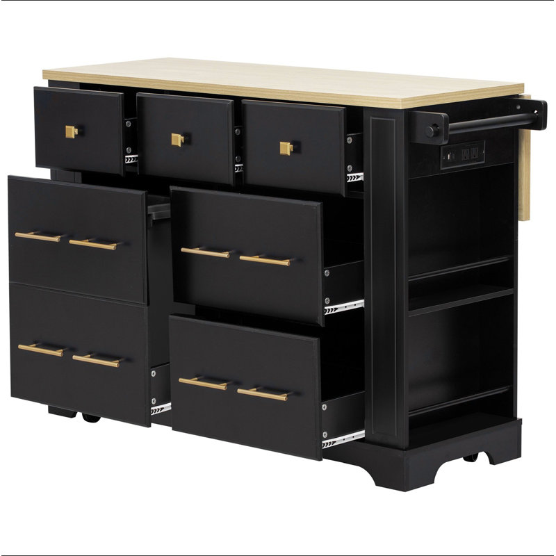 Kitchen Island with 6 Drawers, Pull Out Trash Can Storage, Rolling Kitchen Island on 5 Wheels with Drop Leaf, Power Outlet, 5 Open Side Racks for Kitchen, Dining Room