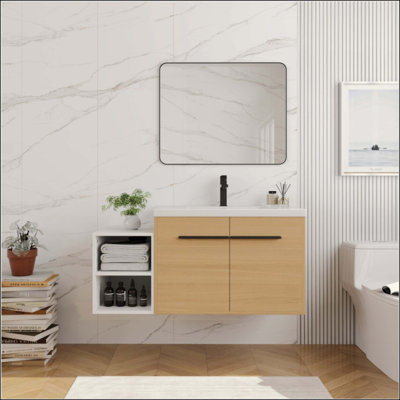 Meuble-lavabo mural avec lavabo de comptoir en résine, 1 tablette de rangement, 2 portes à fermeture douce (KD-Packing)