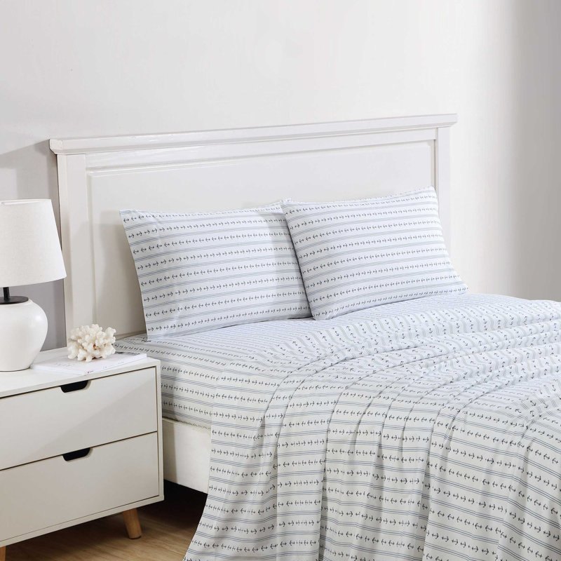 Martha Stewart Bedford Scallop Bath Rug, King Sheet Set with 2 Pillowcases, Anchor Lines Blue