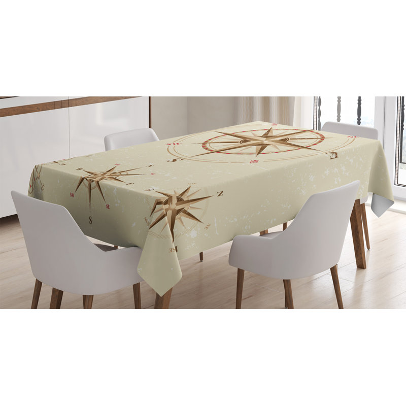 Compass Tablecloth, 4 Different Compasses In Retro Colors Discovery Equipment Where Nautical Marine, Rectangular Table Cover For Dining Room Kitchen Decor, 52" X 70", Beige Tan