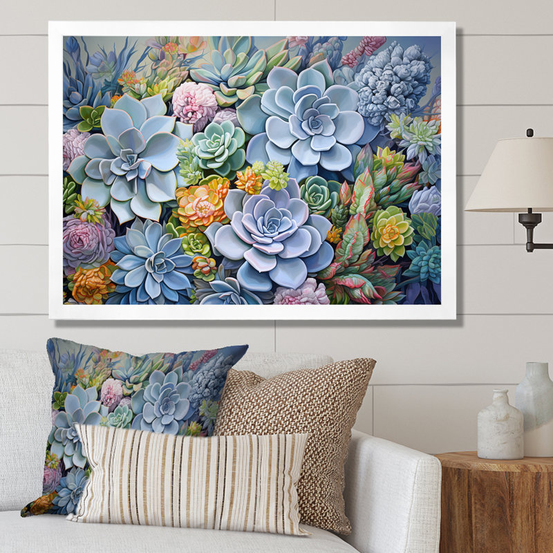 «Blue Succulent Dessert Charm» sur toile, H 30 po x l 40 po x P 1,5 po, Cadre simple blanc