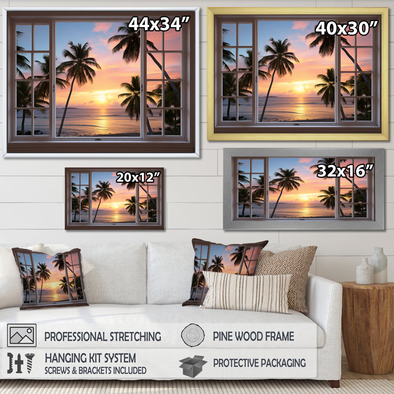 Vue tropicale de l'océan par une fenêtre blanche ouverte I - art mural côtier, H 16 po x l 32 po, Brun