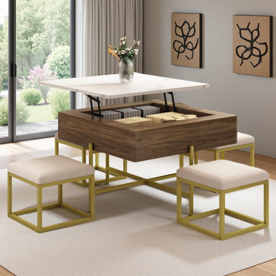 Modern Square Lift-Top Coffee Table Set With Storage & 4 Ottomans White & Walnut