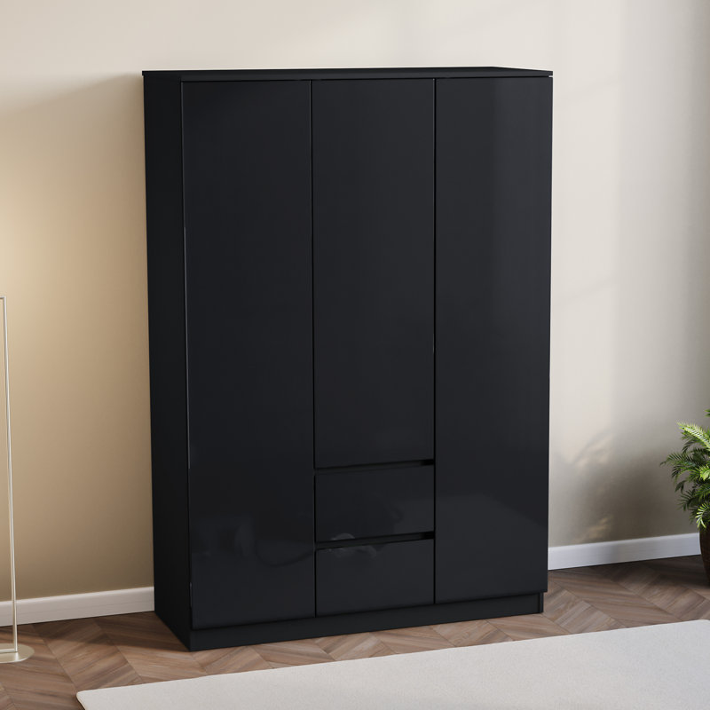Oslo 3 Door 2 Drawer High Gloss Wardrobe, (FSC 100%) Bedroom Home Clothing Storage Furniture, Black