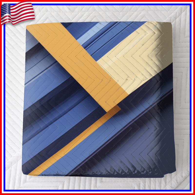 Blue Yellow Lines Quilted Bedspread All Sizes, Full / Double