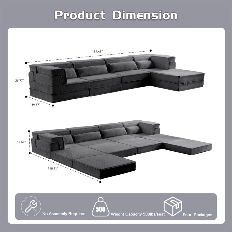 157.48" L-Shaped Sectional, Dark Gray Fabric