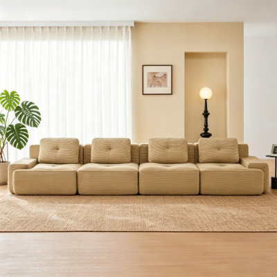 Camel Corduroy Modular Sectional Sofa, Deep Seat & Tufted Design, No Assembly