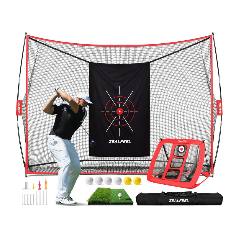 Filet de golf Zealfeel, filet de pratique de 10 pi x 7 pi avec filet à copeaux, tapis pliable, cible en soie, 8 tés, 6 balles, sac de transport, filets de golf pour la cour arrière
