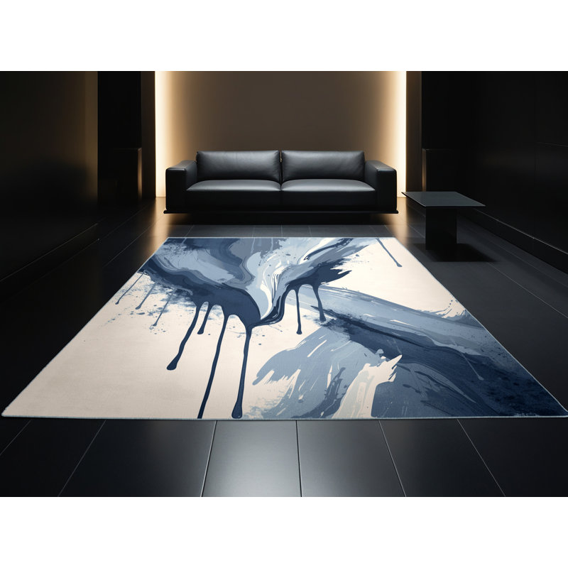 Tapis éclectique beige lavable à la machine Roslindale - Reliure bleu ciel, 8 x 10