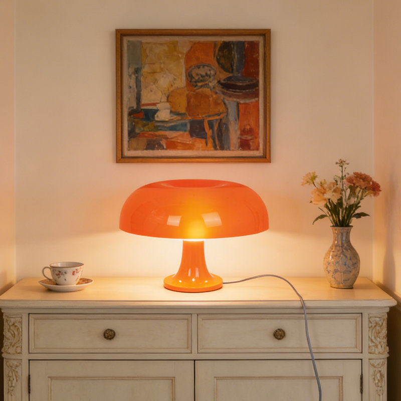 4-Light Retro Orange Mushroom Table Lamp, Glossy Plastic Bedside Light With Bulbs