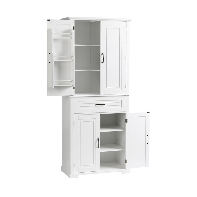 Armoire de rangement pour salle de bain avec portes et tiroir, plusieurs espaces de rangement, tablette réglable, Blanc