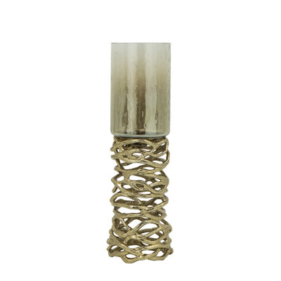 Ashly Candle Holder, Swirled Branch Accent, Gold Metal, Brown Glass 15 Inch