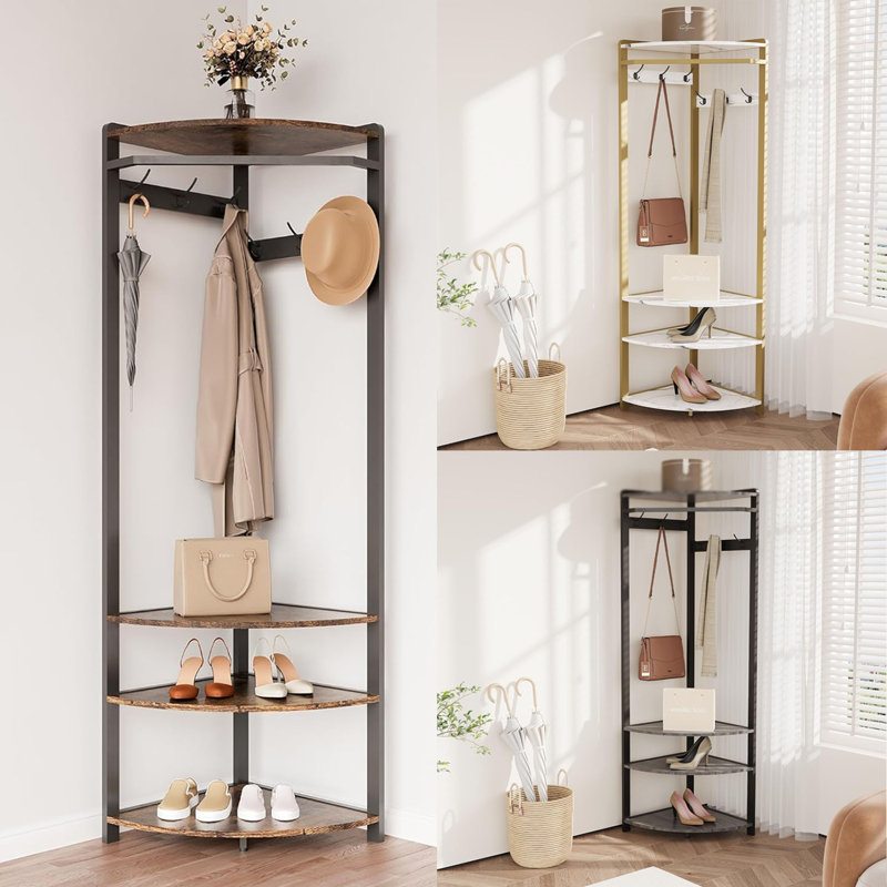 Semi-circular Corner Coat Rack Stand Hall Tree With 6 Hooks, Brown