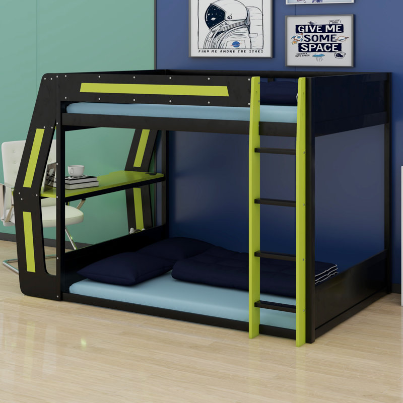 Lit superposé de jeu avec bureau RVB latéral, ports de charge USB et œillet pour câble, bande lumineuse à DEL, Vert