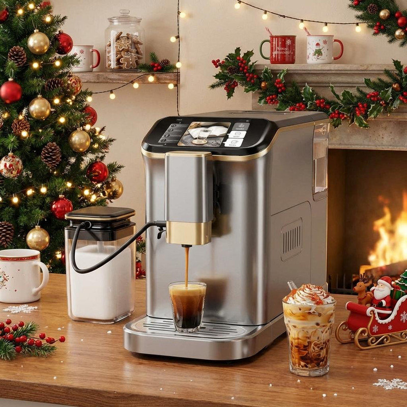 Machine à expresso, moulin à café intégré avec écran couleur TFT, machine à café à mousseur à lait automatique, pompe à 20 bars + 15 réglages de mouture, réservoir d'eau de 1,5 L + rinçage automatique, 120 V 1350 W