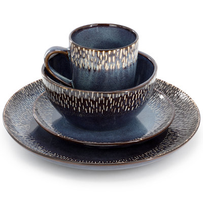 HomeStyle Entertaining Jasper 16 Piece Round Stoneware Dinnerware Set in Blue with Reactive Glaze
