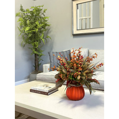 Pomegranate and Wheat Arrangement in Glass Pumpkin Vase