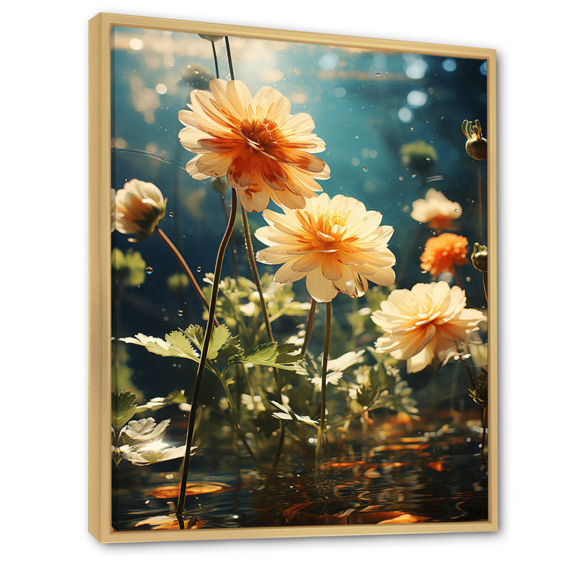 Fleurs de Zinnias jaunes et vertes II, Cadre flottant brun, H 40 po x l 30 po x P 1,5 po