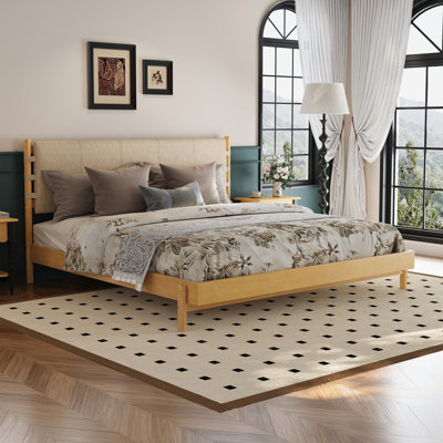 Cadre de lit plateforme en bois d'hévéa de qualité supérieure, cadre de lit très grand avec tête de lit inclus, lit moderne de style Mid-Century de couleur beige
