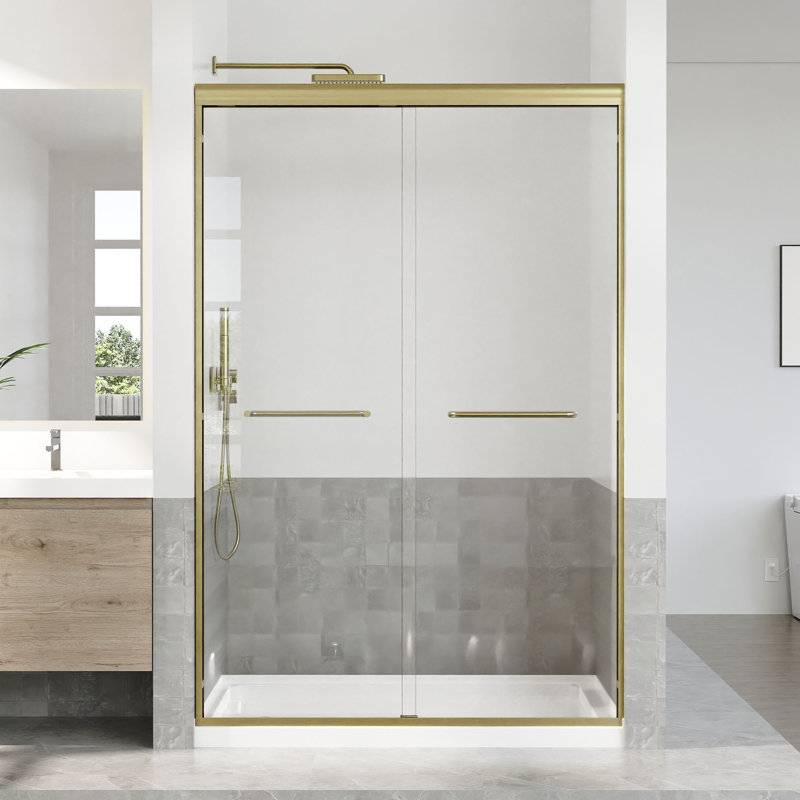 45 To 48 In. W X 72 In. H Semi Frameless Double Sliding Shower Door With 1/4 In. Tempered Clear Glass, Brushed Gold