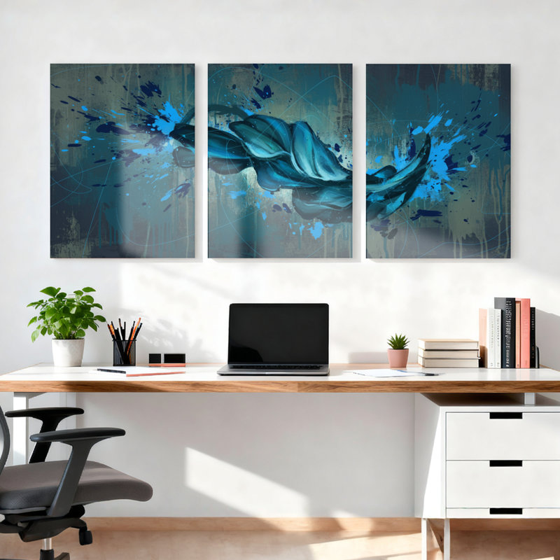 Ensemble de 3 tableaux muraux abstraits à motifs floraux bleus sur toile tendue, H 24 po x l 48 po