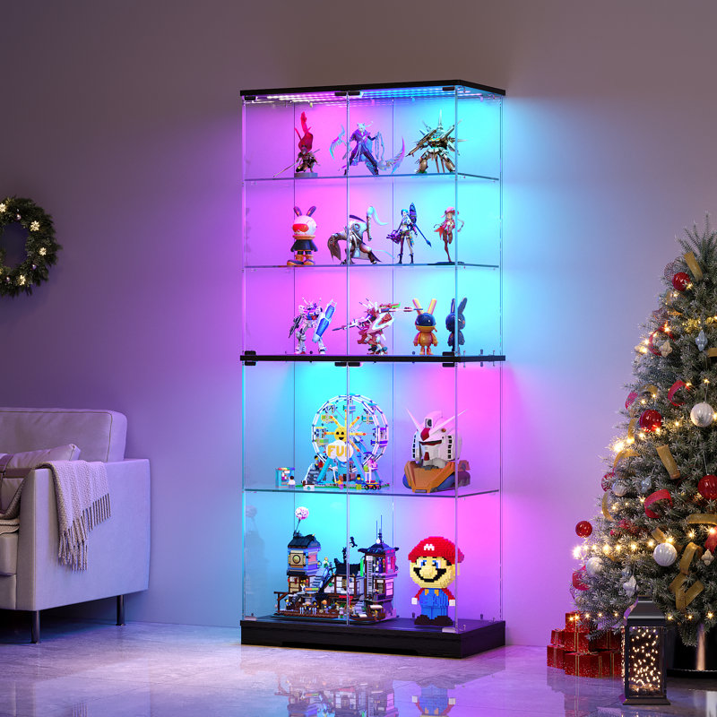 5-Tier Tempered Glass Display Cabinet with Motion Sensor RGB Lights, Black