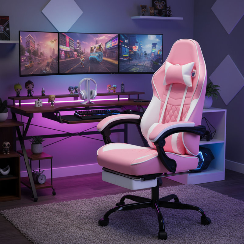 This Pink And White Racing-style Ergonomic Gaming Chair Features A Massage Lumbar Support, Footrest, And Adjustable Headrest For Comfortable Play.
