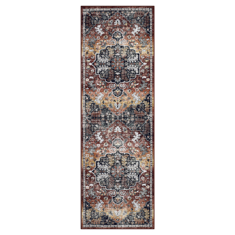 Machine Washable Rug with Rubber Backing for Living Room Vintage Non-Slip Dining Room Rug Easy-Cleaning Floor Carpet for Bedroom Playroom