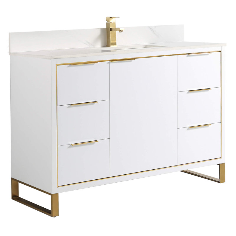 Gerwyn 48'' Single Bathroom Vanity with Stone Top, Satin Brass, White Matte