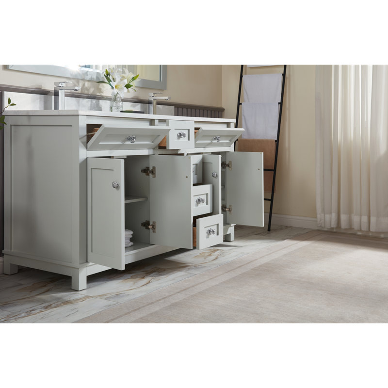 60" Finish Solid Wood Sink Vanity With 1' Artificial Stone Top, Silver Strand, Polished Chrome