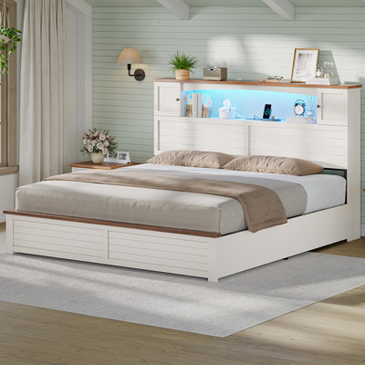Farmhouse Storage Bed Frame with Bookcase Headboard, LED Lights, Charging Station and 4 Drawers, No Box Spring Needed