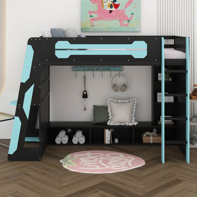 Lit mezzanine simple avec bureau et tablettes de rangement et lumière à DEL RVB, cadre de lit de jeu avec échelle et garde-corps pour les adultes adultes