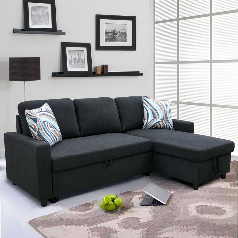 Upholstered L-Shaped Sectional Reversible, Black Microfiber