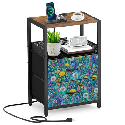 Table de chevet 2 tiroirs en tissu avec station de charge Table de chevet vibrante Wildflower Meadow Teal