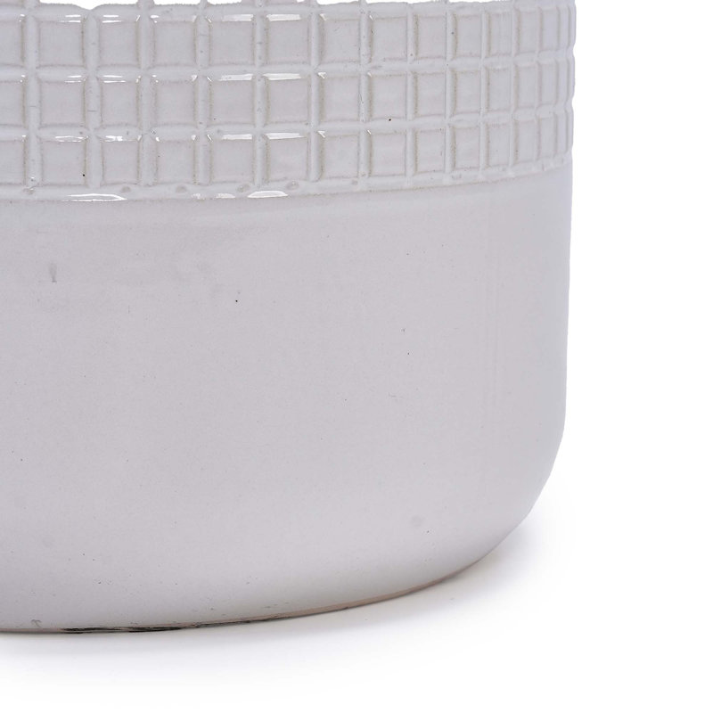 Set of 3 Grid Ceramic Flowerpot, Modern Planter for Patio, Garden, Windowsill, Ancient White
