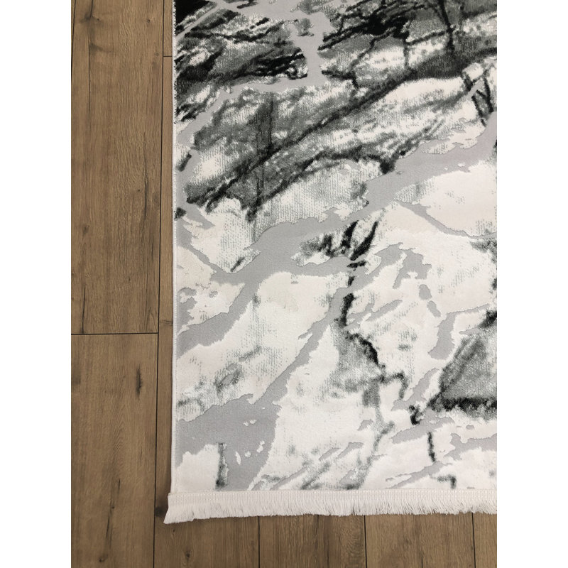 Tapis gris / noir / blanc noué à la main 6 pi 7 po x 9 pi 6 po