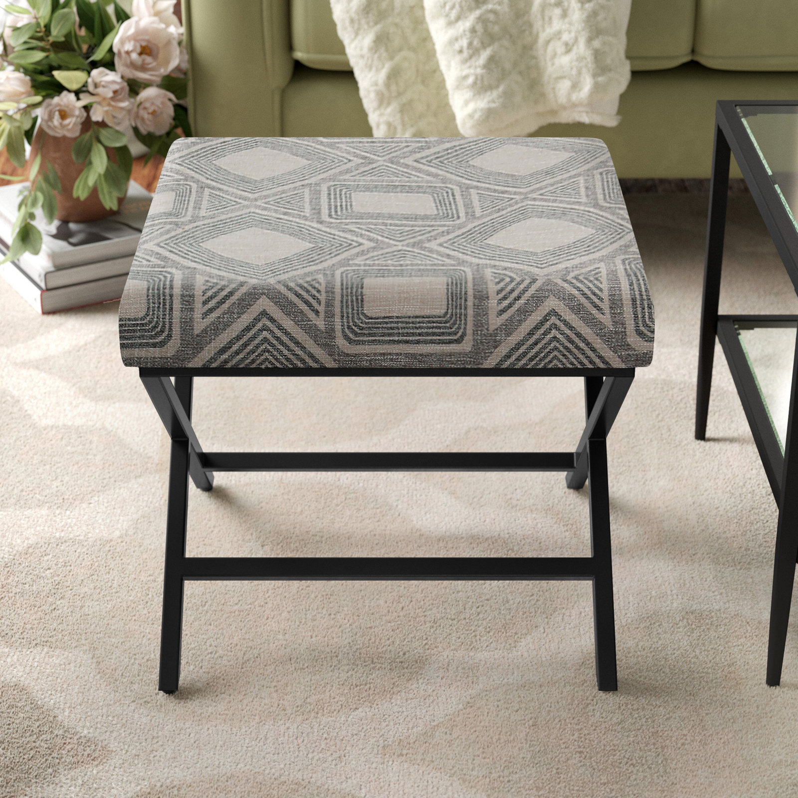 Priscilla Upholstered Ottoman, Charcoal Geometric