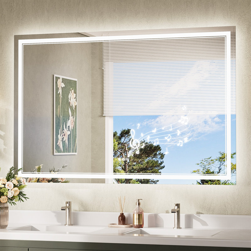 Bluetooth LED Bathroom Mirror Frontlit And Backlit, 3 Colors Temperature & Dimmable Light, Defog, Tempered Glass Vanity Mirror