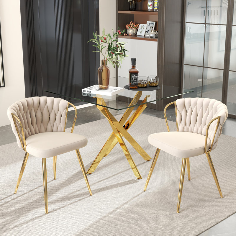 36in Square Glass Pedestal Dining Set, Beige, 3 Pieces: Table, 2 Chairs, Gold