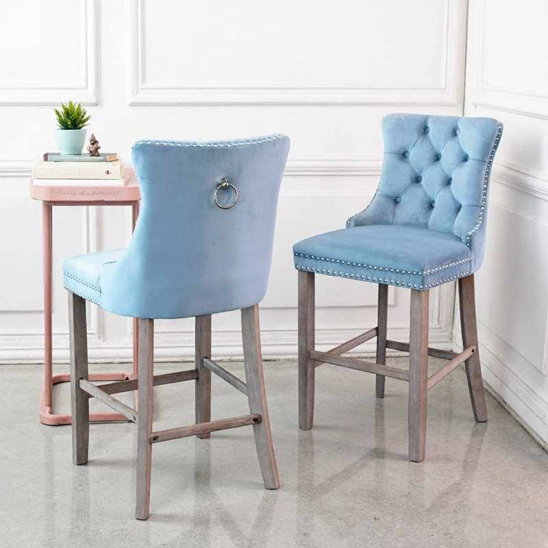 Ensemble de 2 tabourets de bar en velours moderne avec garniture cloutée noire, Light Blue