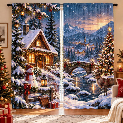 2 rideaux de scène de village de Noël, paysage d'hiver festif avec chalet douillet et cerf, tissu filtrant la lumière, conception à passe-tringle, lavable à la machine, parfait pour le salon, la chambre à coucher, la décoration des Fêtes, la maison, un incontournable