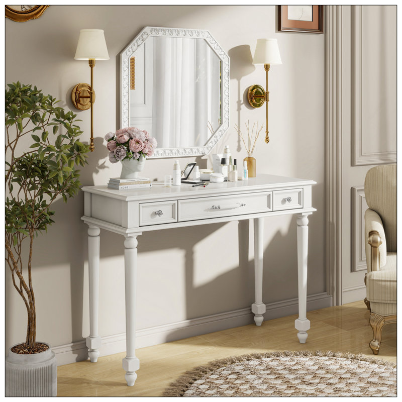 Retro Makeup Desk With Large Mirror, 3-Drawer Dressing Table For Jewelry Storage, Elegant Console Table For Bedroom, Living Room, Hallway & Foyer,White