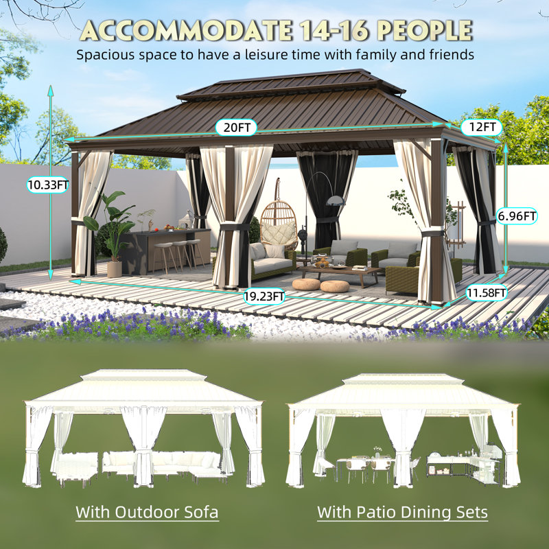 20' W x 12' D Hardtop Gazebo, Double Galvanized Steel Roof & Aluminum Frame for Hot Tub, Deck, Backyard, 20′ W × 12′ D, Brown