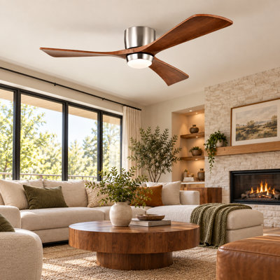 Wood Ceiling Fan with Light and Remote, Modern Low Profile Flush Mount Ceiling Fan, 6-Speed Reversible DC Motor, for Bedroom, Living Room, Farmhouse and Patio