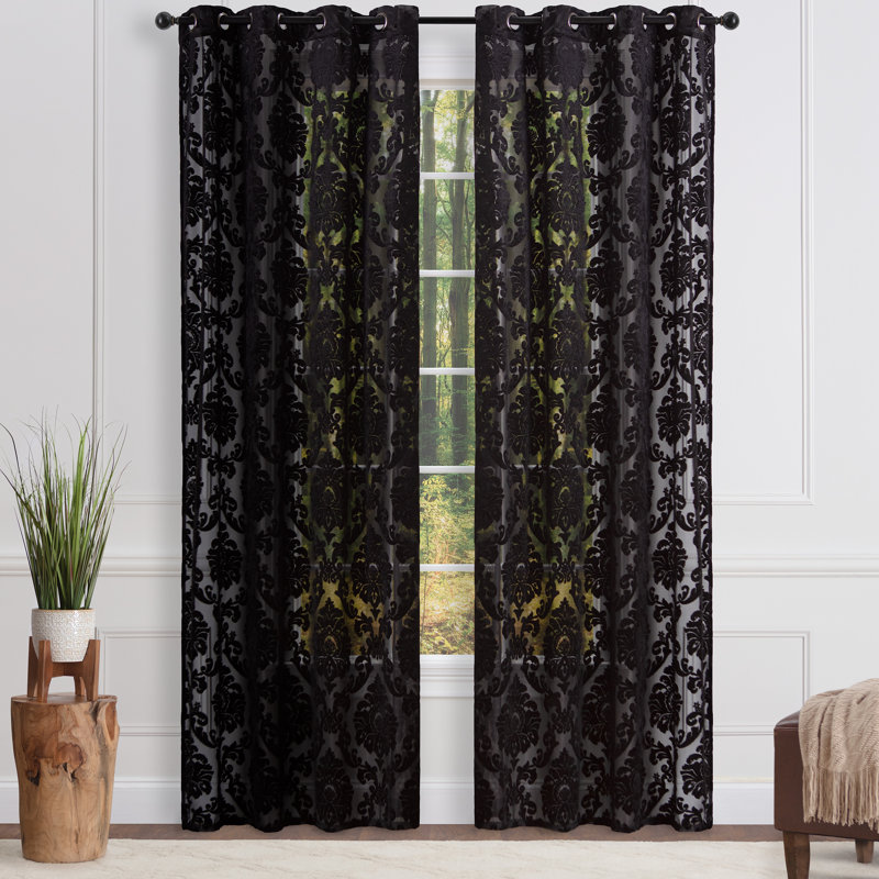Branca Polyester Damask Semi Sheer Grommet Curtain Panel Set, Black, 52" W x 108" L