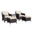 Ensemble de patio extérieur en osier 5 pièces avec chaises, repose-pieds, table d'appoint et coussins beiges en PE-132949081