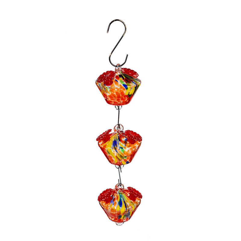 Art Glass Hanging Chained Hummingbird Feeder, Yellow & Red