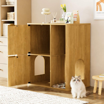 Enceinte de litière pour chat de 31,5 pouces avec arbre à chat, conception dissimulée rainurée, deux portes pour chat et tablettes de rangement, armoire pour animaux polyvalente pour le salon et la chambre à coucher
