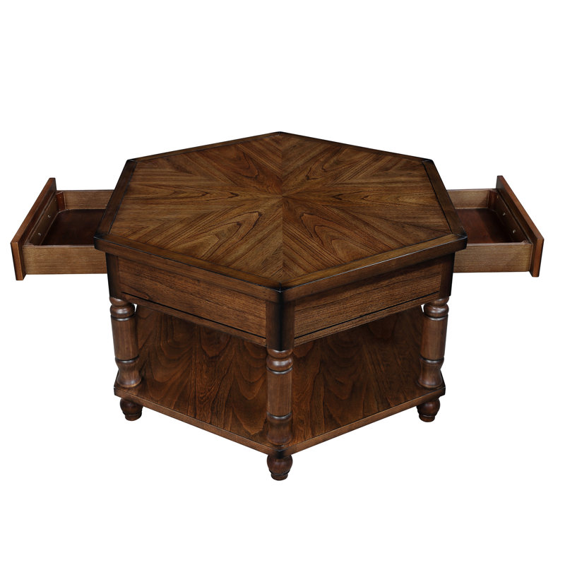 Table basse hexagonale rétro 36 "avec tablette et tiroir, 2 niveaux, Cerisier